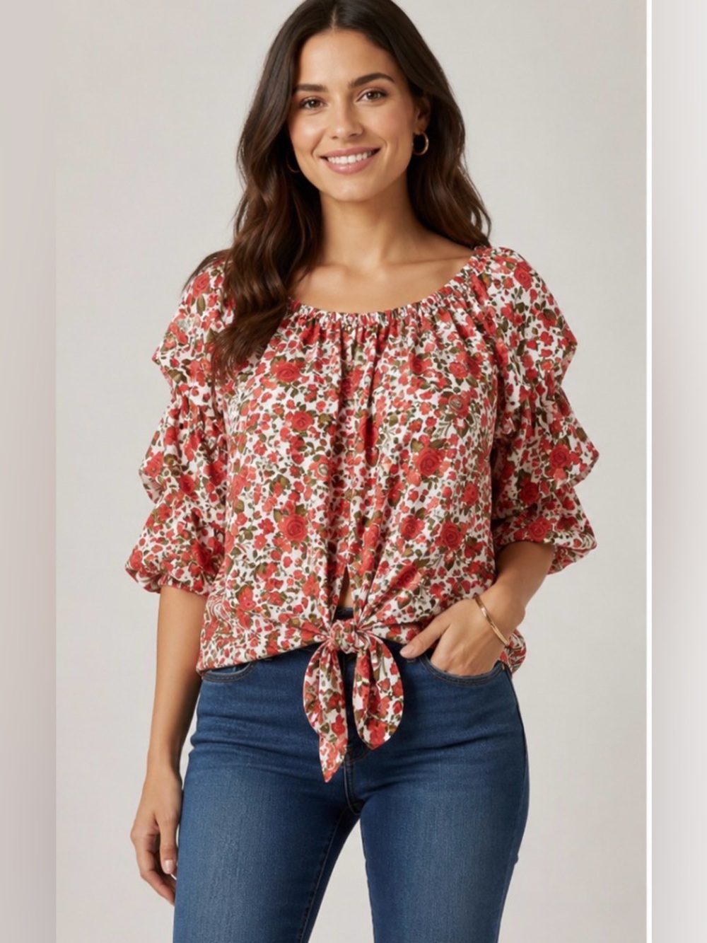 CECE || Floral Off-The-Shoulder Ruffle Sleeve Tie-Front Blouse. Sz. S